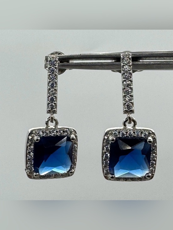 tiffclosetfinds Jewelry - Silver Blue Crystal Drop Earrings Square Halo Dangle Elegant New